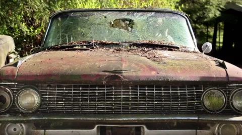 Peaking through busted old windshield. Stock Footage 48279124