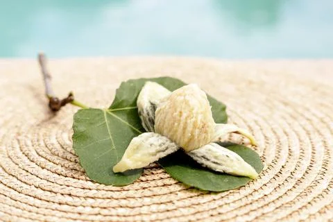Pealed fig on a green leaf Stock Photos
