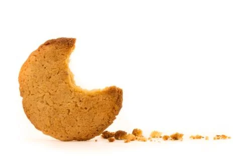 Peanut butter cookie, missing bite and crumbs. White background. Foto stock