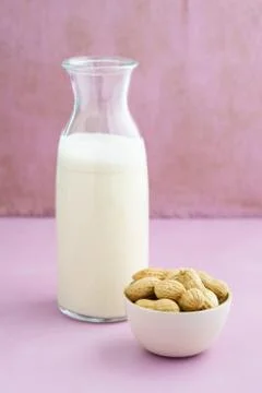 Peanut milk in a bottle Stock Photos