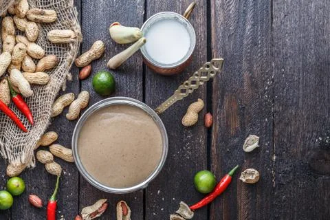 Peanut sauce prepare, rustic style with ingredients Stock Photos