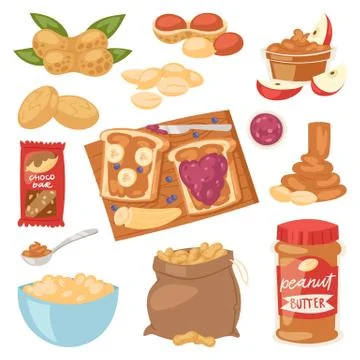 Peanut vector groundnut butter or peanut paste on toast bread illustration set イラスト素材