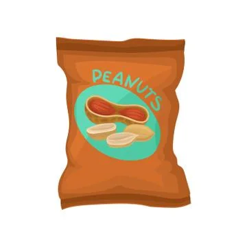 Peanuts in brown pack with label. Delicious and healthy snack. Flat vector Illustrazione stock