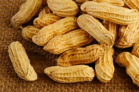 Peanuts on brown sack background Stock Photos