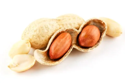 Peanuts closeup in shell and peeled on a white background Foto stock