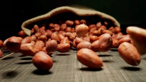 Peanuts fall out from cloth sac on a dark wooden table. Slow motion Видео 148196475