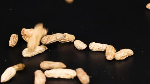 Peanuts Falling on Black Surface Stock Footage 302789728