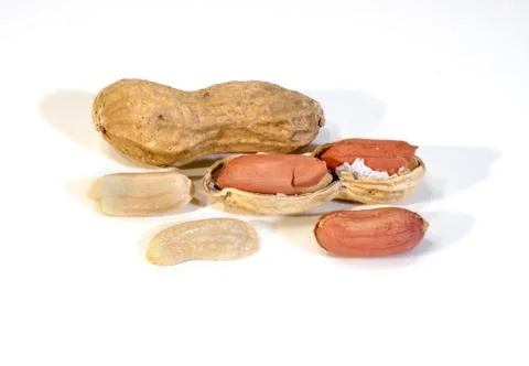 Peanuts in the foreground on white. Stock-Fotos