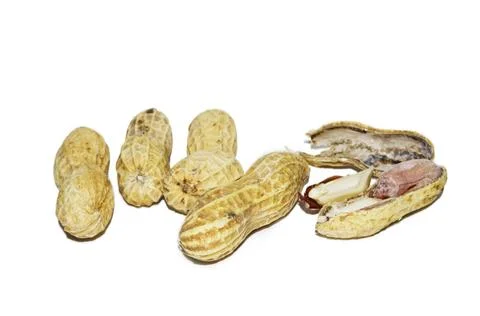 Peanuts, isolated on white five pieces of peanuts, one piece is cracked, i... Stock Photos