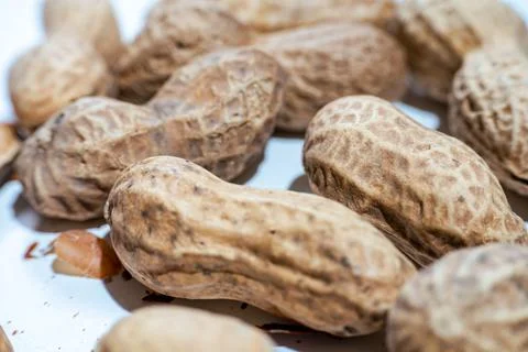 Peanuts with peel on white background. Stock Photos