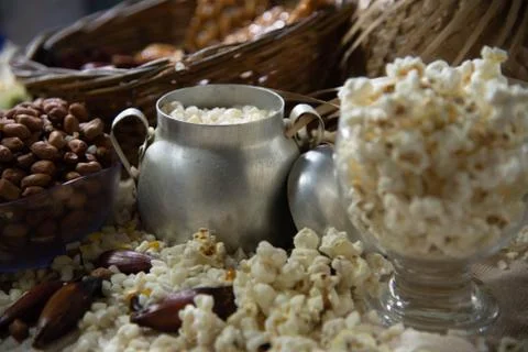 Peanuts, popcorn, pine nuts and corn for hominy prepared for food for St. Joh Stock Photos