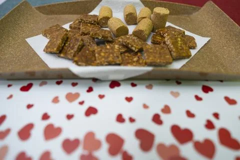 Peanuts in the shape of sweets, paoca, cornmeal cake and peanut butter on bre Foto stock