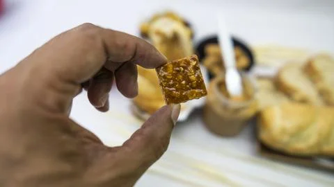 Peanuts in the shape of sweets, paoca, cornmeal cake and peanut butter on - Foto stock