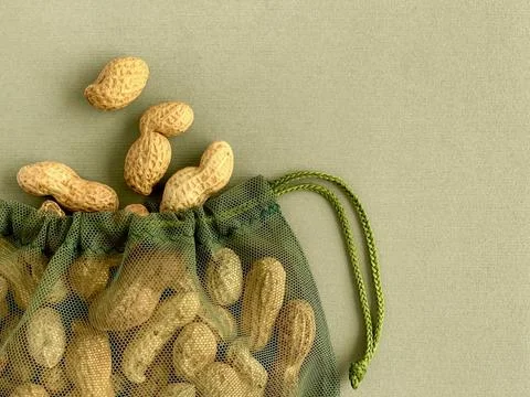 Peanuts in shell and reusable mesh bag on green paper background, natural Stock Photos