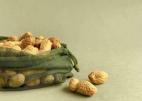 Peanuts in shell and reusable mesh bag on green paper background, natural Stock Photos