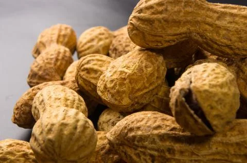 Peanuts in shell on dark background, close up Stock Photos