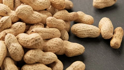 Peanuts in shell falling on black table. Organic food. Pile of roasted peanuts Stock-Footage 223402970