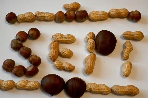 Peanuts in shells and chestnuts on a white surface Stock Photos