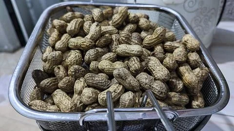 Peanuts in shells fill a metal mesh basket Stock Photos