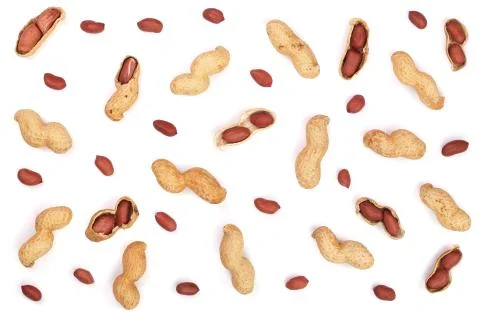 Peanuts with shells isolated on white background, top view. Flat lay pattern Foto stock