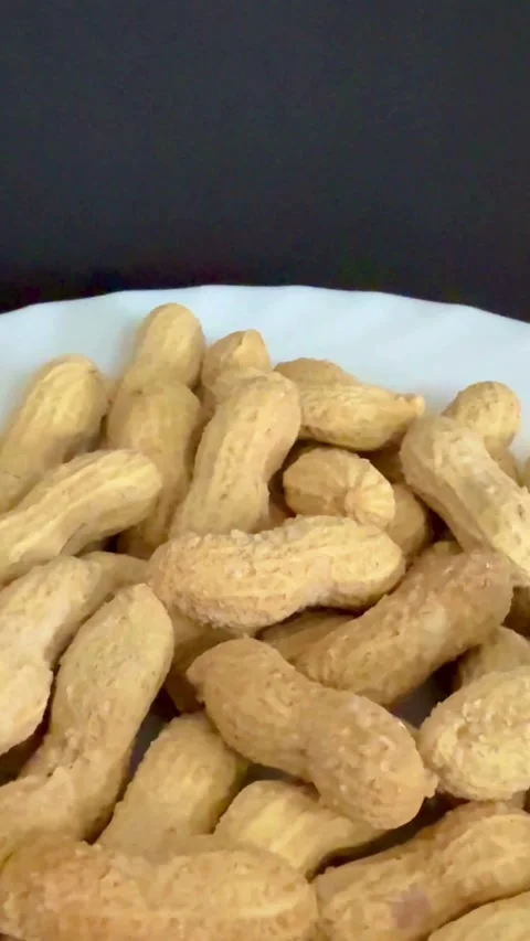 Peanuts in shells piled on a white ceramic plate Video stock 331974813