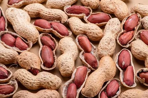 Peanuts in shells scattered on a wooden surface Stock Photos