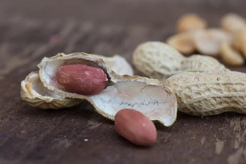 Peanuts in shells on wood background Stock Photos