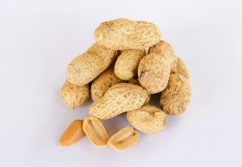 Peanuts stacked separately on white background . Separated seeds in front. Stock Photos