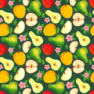 Pear and apple fruit, Fresh garden harvest watercolor seamless pattern Stock Illustration