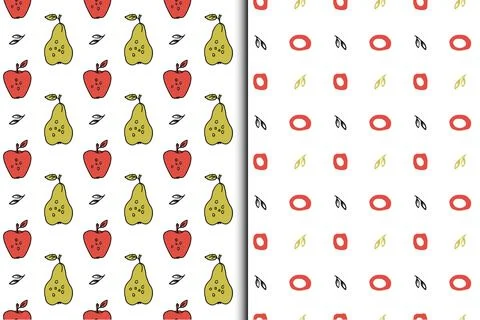 Pear, apple seamless patterns, set of 2. Colorful outline contour, fruit, circle Stock Illustration