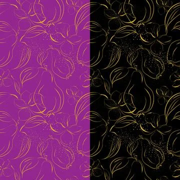 Pear bloom seamless pattern. Luxury gold color sketch line, hand drawn brush Stock Illustration