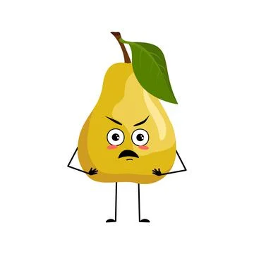 Pear character with angry emotions, grumpy face, furious eyes, arms and legs Stock Illustration
