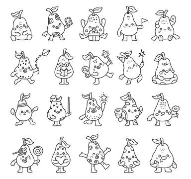 Pear character set in outline line art Stock Illustration