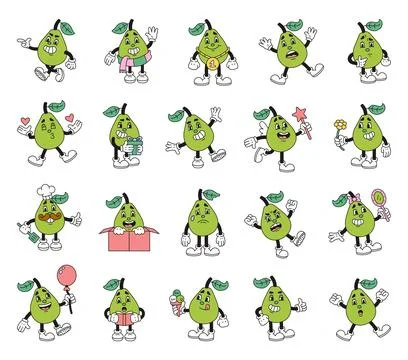 Pear character set showing different emotions Stock Illustration