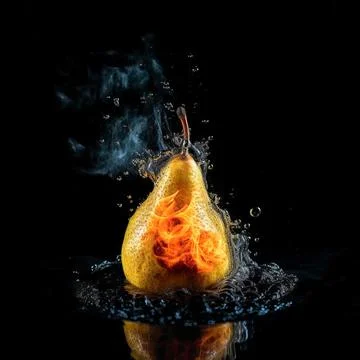 Pear in the clash of water and fire on black background. Stock Illustration