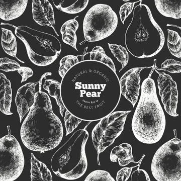 Pear design template. Hand drawn vector garden fruit illustration on chalk bo Stock Illustration