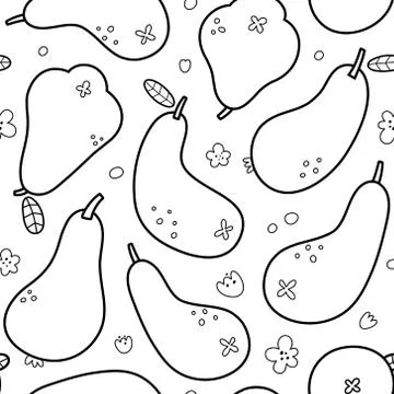 Pear doodles, fruit pattern, seamless vector ornament, outline vector drawing Stock Illustration