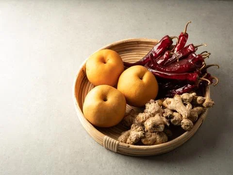 Pear, dried chilli and ginger Stock Photos