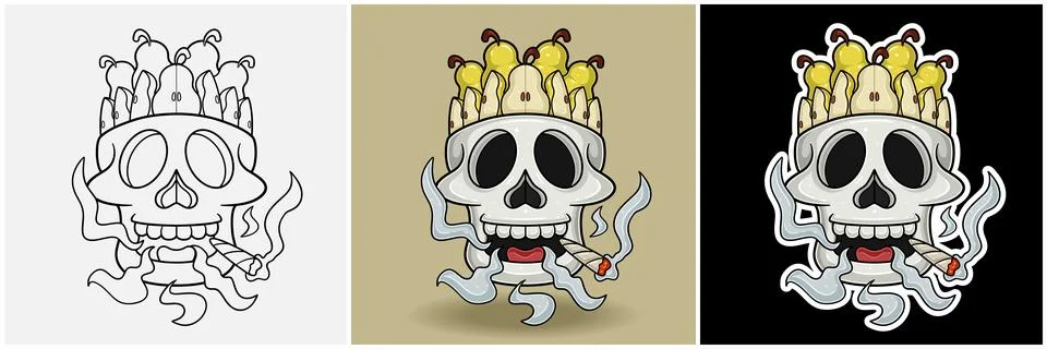Pear Fruit Inside Skull Head With Smoking Character Cartoon. Black White, C.. Stock Illustration
