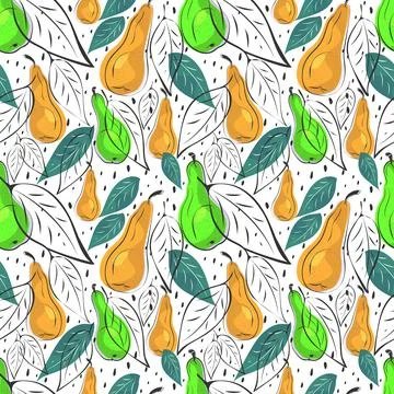 Pear fruit, leaves seamless pattern. Vector. Hand drawn ink brush sketching Stock Illustration
