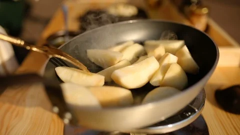 Pear in the frying pan, close-up Stock Footage 91269681