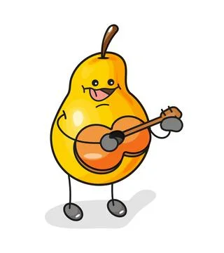 Pear with guitar. Vector flat cartoon color icon with emotions. Stock-Illustration