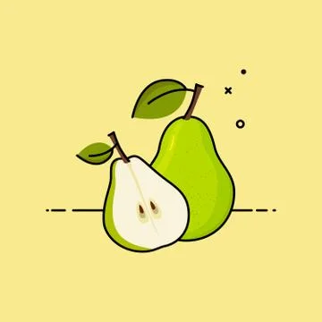 Pear isolated in green background with slice in the side. Illustrazione stock