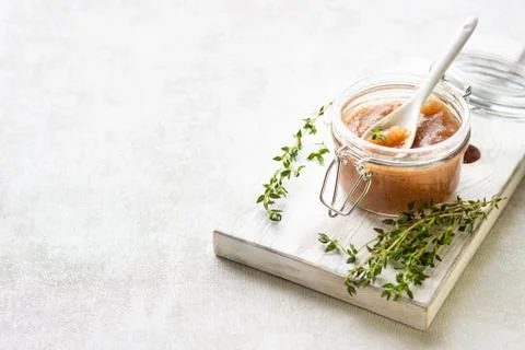 Pear jam, fresh pears and thyme. Stock Photos