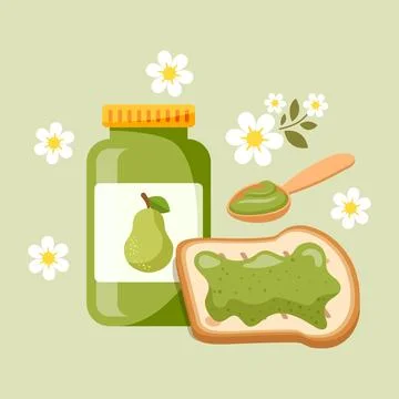 Pear jam in glass jar with bread toast icon in flat style. Breakfast sweet .. 스톡 일러스트