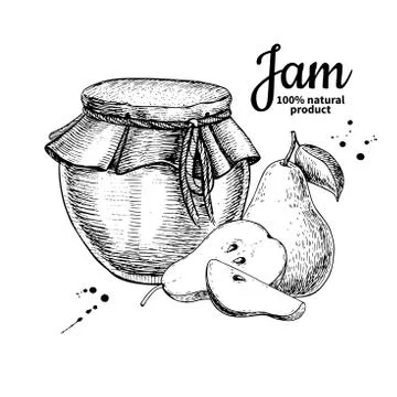 Pear jam glass jar vector drawing.  Fruit Jelly and marmalade. Stock Illustration