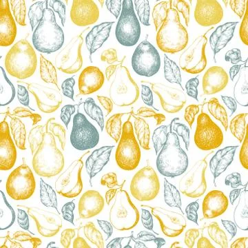 Pear with leaves seamless pattern. Hand drawn vector garden fruit illustratio Stock Illustration