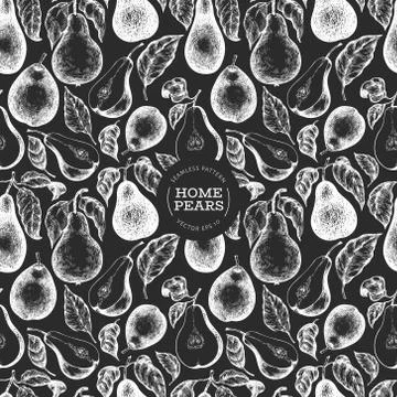 Pear with leaves seamless pattern. Hand drawn vector garden fruit illustratio Stock Illustration