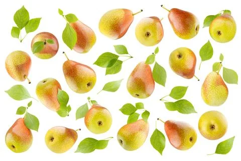 Pear pattern, background of ripe fresh yellow pears with speckled red side an Stock Photos