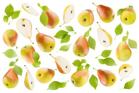 Pear pattern, background of ripe fresh yellow pears with speckled red side, g Stock Photos